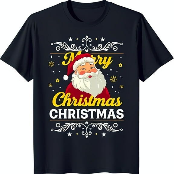 Festive Santa Claus Christmas T-Shirt with Gold 'Merry Christmas' Design