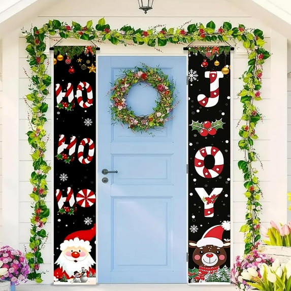 Festive Santa Claus Head & Merry Christmas Snowflake Door Banner Set Holiday Welcome Sign for Front Porch Entryway Outdoor Indoor Home Decor Xmas Theme 12x71 Inch Polyester