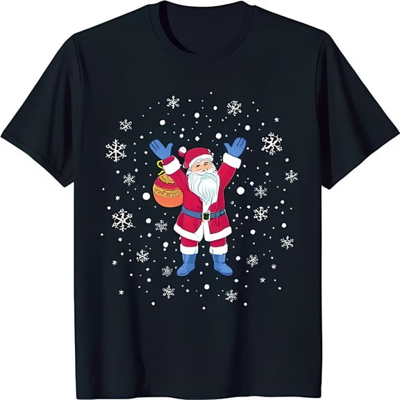 Festive Santa Claus T-Shirt Dark Blue with Snowflakes & Ornament Design