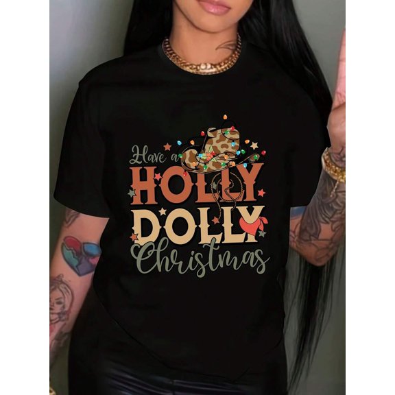 Festive Santa ClausPrint Christmas T-Shirt - Casual Round Neck Tee With Snowflakes & Candy Canes, Machine Washable Holiday Apparel For Christmas Parties & Family Gatherings, Christmas Garland