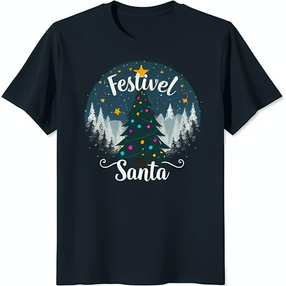 Festive Santa Dark Blue T-Shirt with White Christmas Tree & Colorful Lights