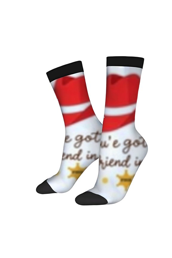 Festive Santa Hat Design Socks - 2 Pairs of Unisex Trendy Socks with Red & White Pattern Brown Cursive Script and Yellow Stars