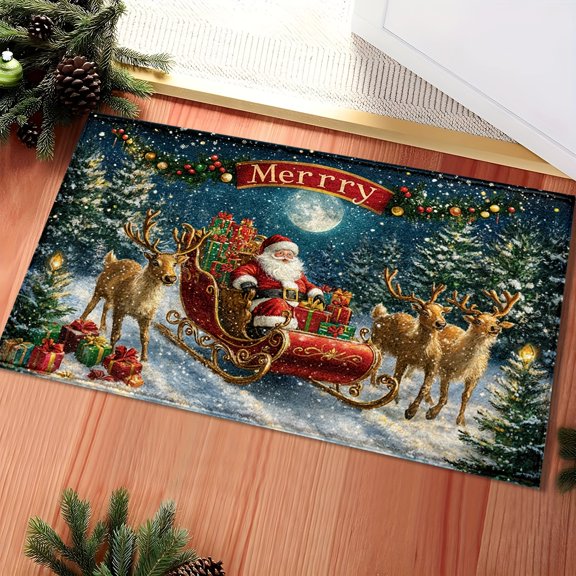 Festive Santa & Reindeer Flannel Bath Mat - Absorbent, Machine Washable, Non-Slip