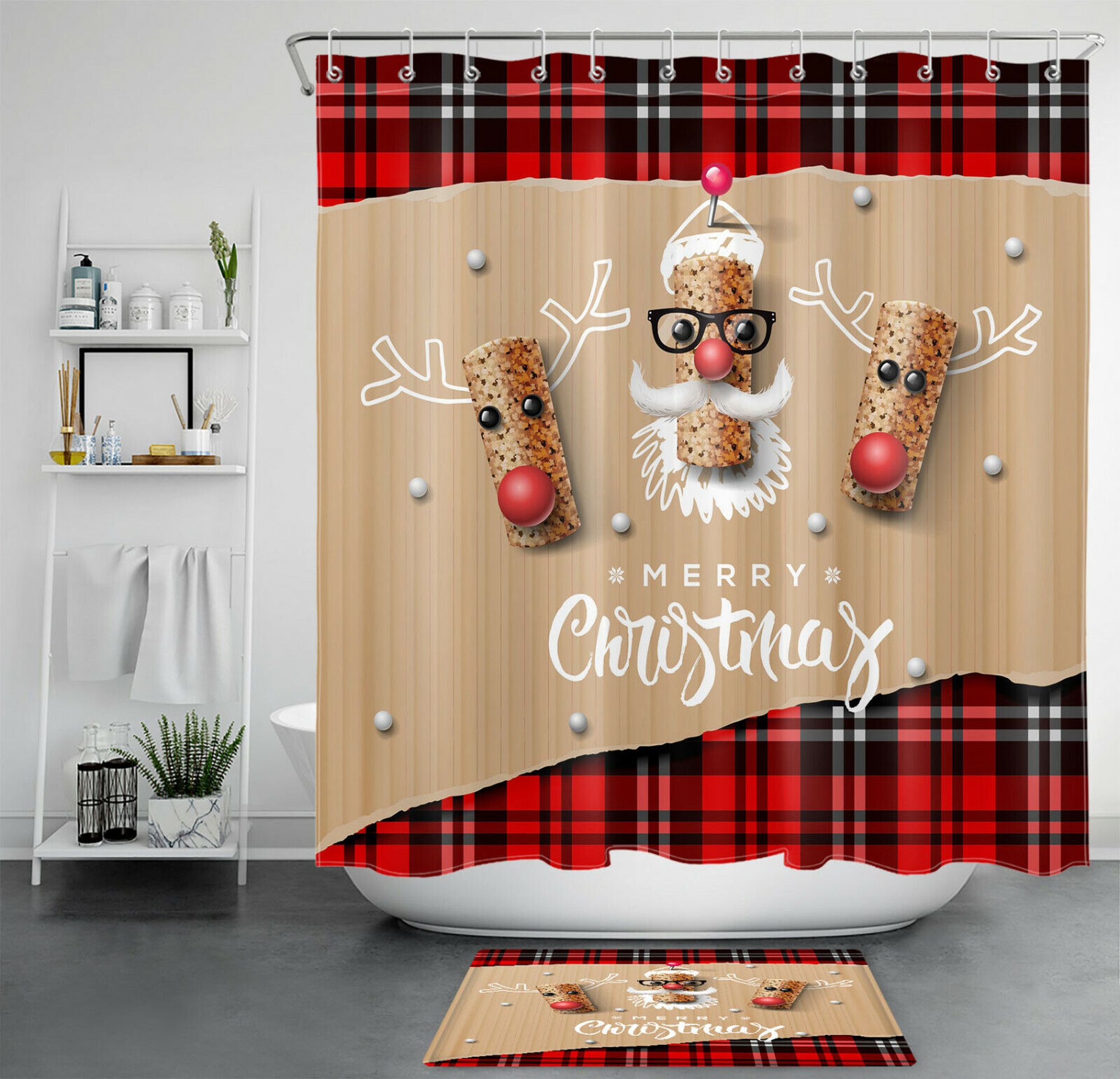 Festive Santa and Reindeer Black Red Buffalo Plaid Christmas Shower