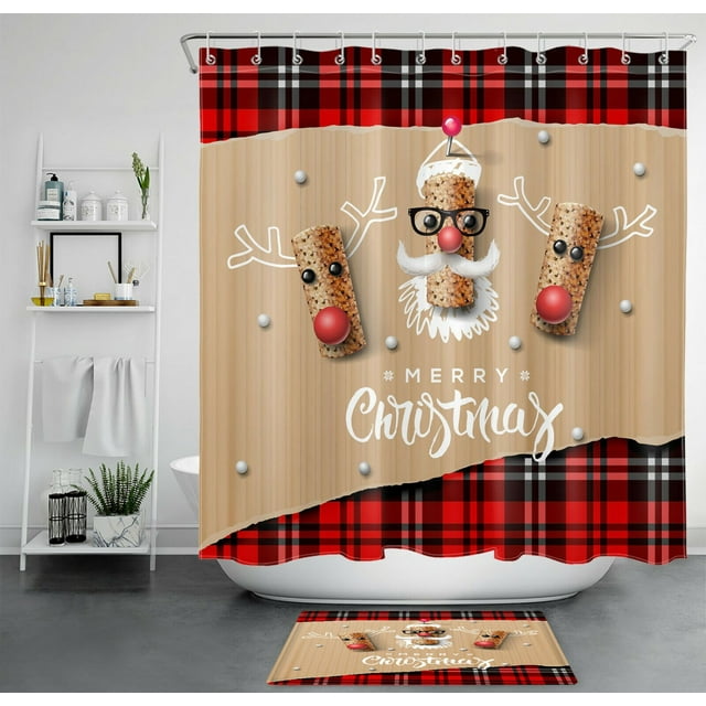 Festive Santa and Reindeer Black Red Buffalo Plaid Christmas Shower
