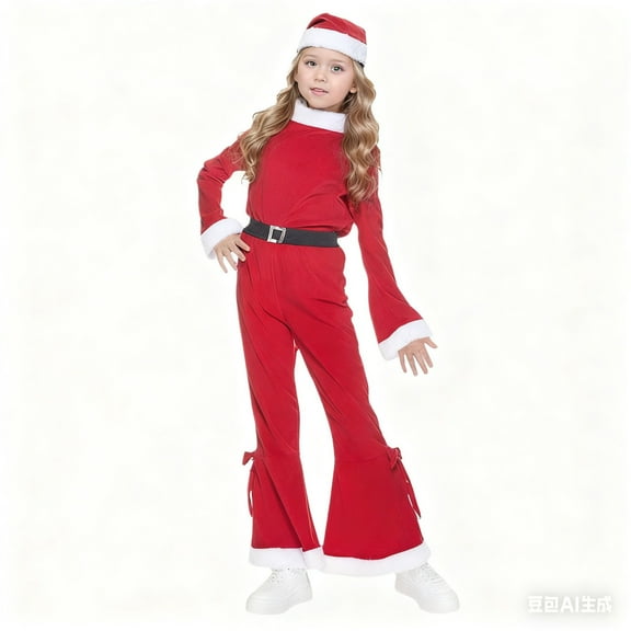 Festive Santa's Holiday Ensemble for Girls' Performances – Red Velvet Performance Ensemble with Flared Pants and Hat