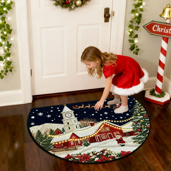 Festive Semicircle Floor Mat Non-Slip Kitchen Rug Christmas Door Mat Absorbent Entrance Carpet Washable Bathroom Mat