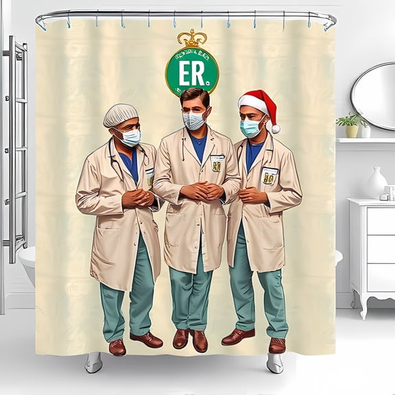 Festive Shower Curtain with Doctors in Lab Coats & Scrubs Cream Floral Background Santa Hat Design ER