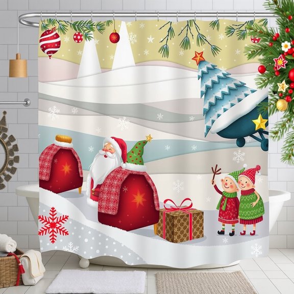 Festive Shower Curtain with Santa, Elves & Christmas Tree