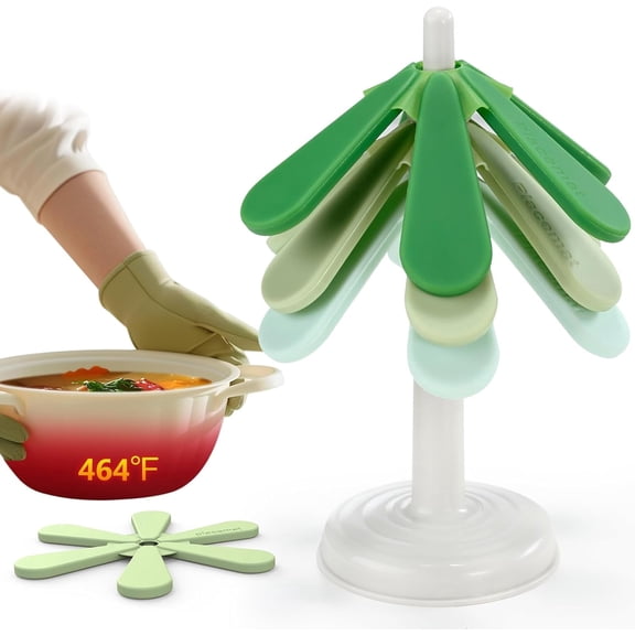 Silicone Tree Trivet Set for Hot Pots and Pans, Heat-Resistant Foldable Kitchen Mat, Dishwasher Safe, Green