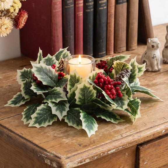 Festive Simulated Holly Wreath with Red Berry Candle Holders - Cozy Holiday Centerpiece for Indoor Displays, Perfect for Living Rooms, Entryways, and Showcase Cabinets