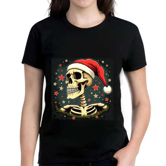 Festive Skeleton in Red Santa Hat T-Shirt - Colorful Stars Design on Black Cotton Short Sleeve Tee
