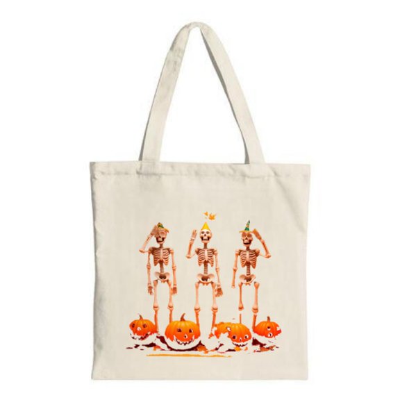 Festive Skeletons on Pumpkins Canvas Tote Bag - Perfect for Halloween Parties Travel & Shopping - Multifunctional Reusable Design