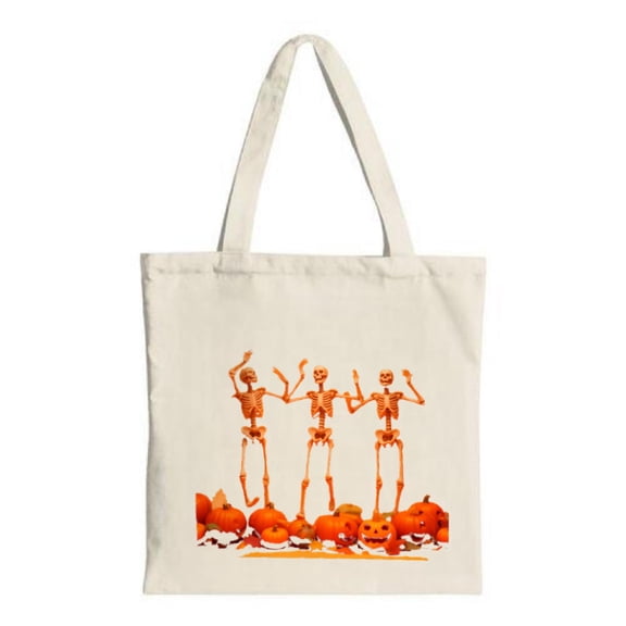 Festive Skeletons on Pumpkins Canvas Tote Bag - Reusable Shopping Bag for Halloween Parties Travel & Everyday Use