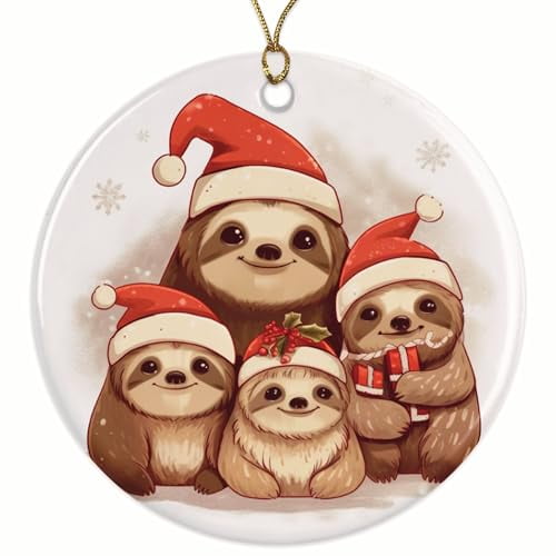Festive Sloth Family with Holiday Decor Christmas Ornament - Festive Holiday Decor - 2.8" Round - Gold String Included - UV Printed Design - Choose from Over 140 Designs - BMCO0445