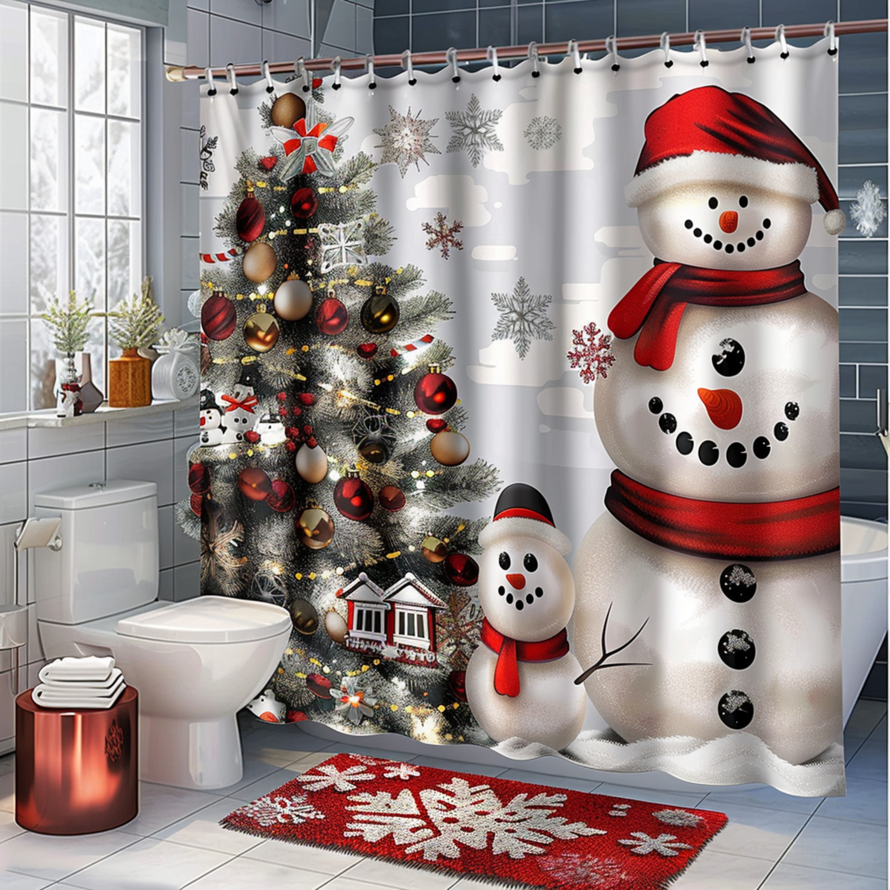 Festive Snowman Bathroom Shower Curtain Set Christmas Tree Snowflake ...