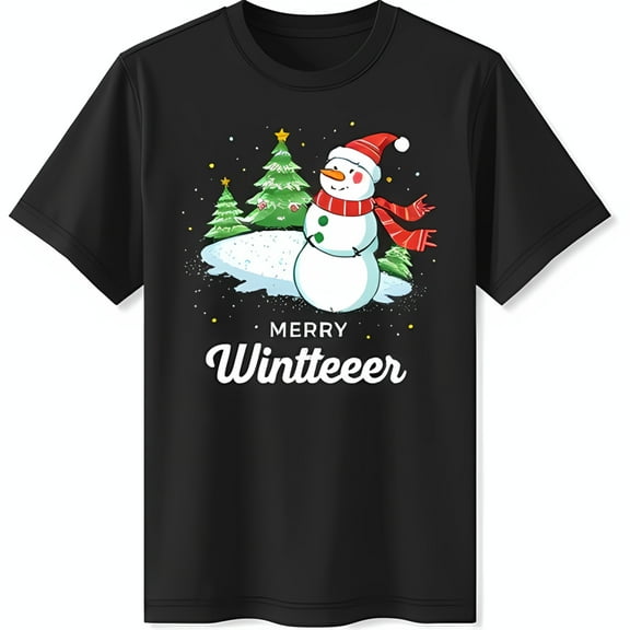 Festive Snowman Black T-Shirt with Christmas Trees & 'Merry Wintteeeer' Design