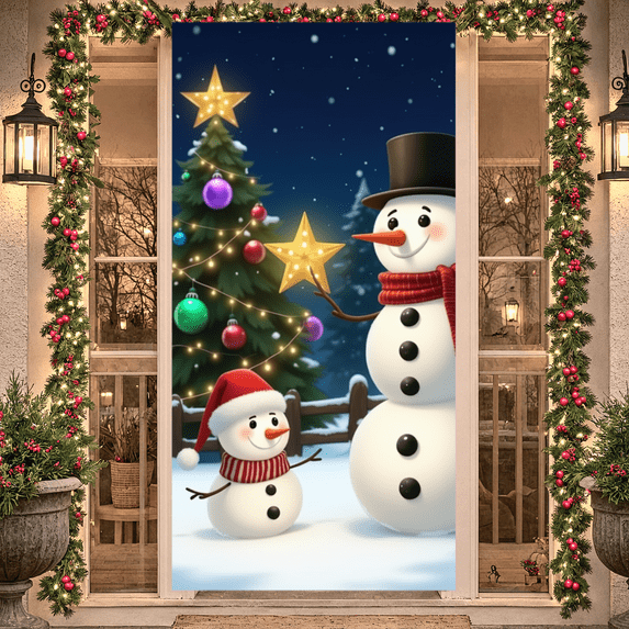 Festive Snowman Christmas Banner with Star Decor for Winter Holiday Celebration Family Gathering Photo Prop