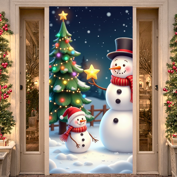 Festive Snowman Christmas Banner with Star Decor for Winter Holiday Celebration Family Gathering Photo Prop