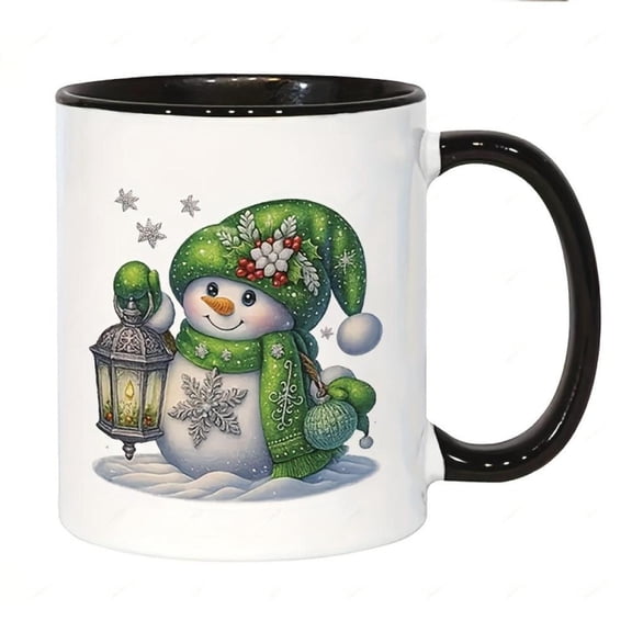 Festive Snowman Coffee Cup 11oz Ceramic Mug with Vintage Holly Berries Pom Pom Snowflake Scarf Design Hot Cold Drinks Ready Dishwasher 325ml Christmas