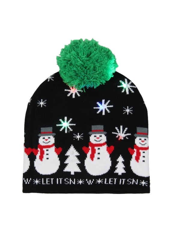 Festive Snowman Let It Snow Adult Novelty Light Up Knit Beanie Pom Pom Winter Hat Cold Weather Cap OSFM Winter