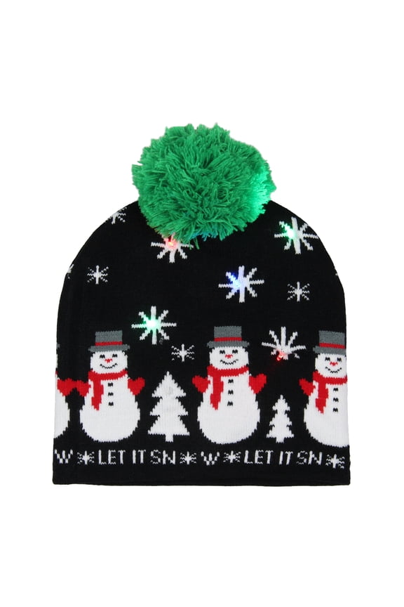 Festive Snowman Let It Snow Adult Novelty Light Up Knit Beanie Pom Pom Winter Hat Cold Weather Cap OSFM Winter