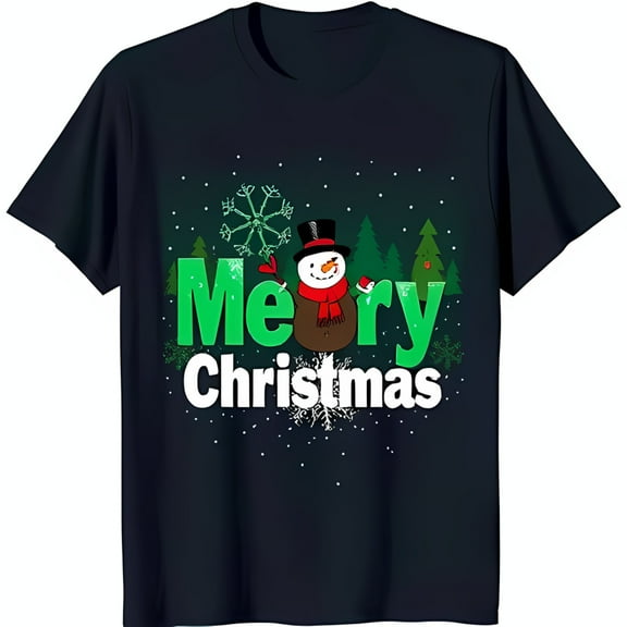 Festive Snowman T-Shirt Dark Blue Tee with Merry Christmas Design Fir Trees & Snowflakes