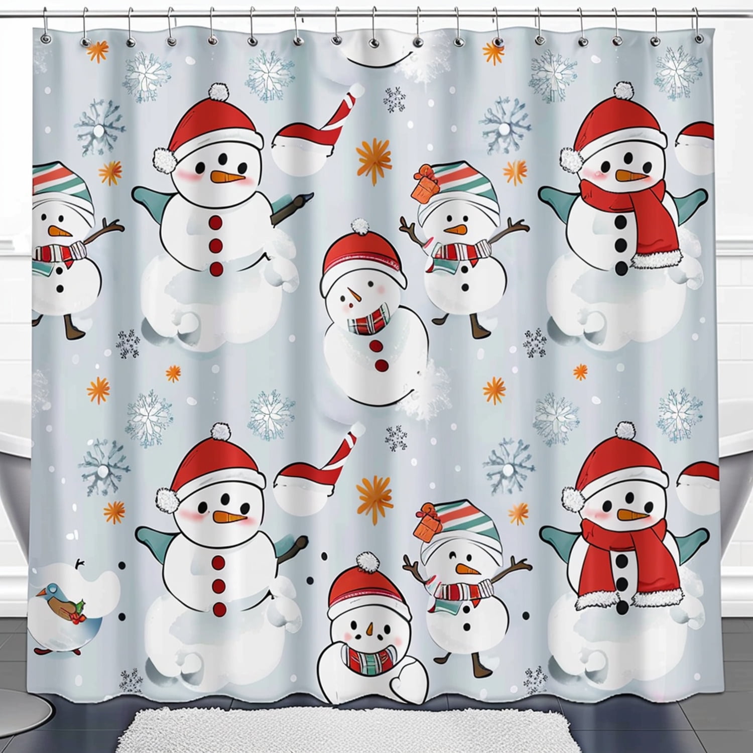 Festive Snowmen and Santa Hats Cartoon Shower Curtain Christmas
