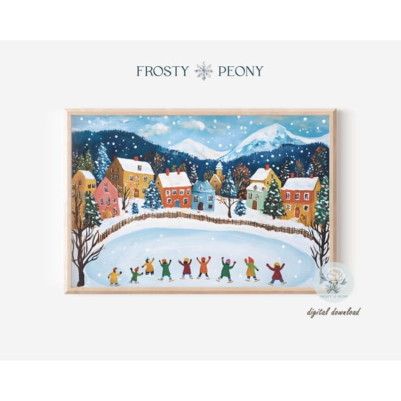 Festive Snowy Village Scenery Art Print, Winter Wonderland Wall Art, Winter Ice Skating Art, Wall Art, Modern Wall Decor, 8x12 UNFRAMED