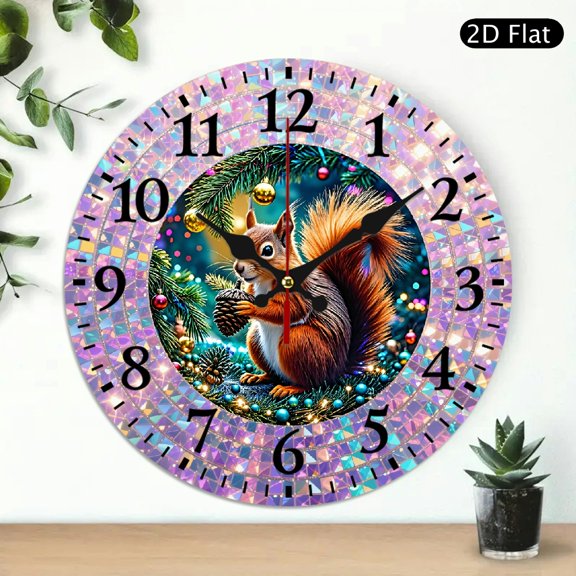Festive Squirrel Wall Clock, Christmas Pinecone Illustration Round Clock for Holiday Home Decor, 10x10 Inch, 1pc, Battery Not Included