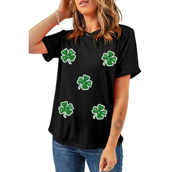 Festive St. Patrick's Day Black Graphic T-Shirt with Four Leaf Clover Design - [ZhiHiMeRi] | (US24-26)3XL