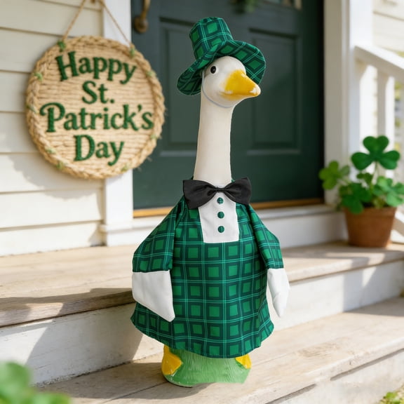 Festive St. Patrick's Porch Goose Costume, Clover Bandana & Shimmering Top Hat