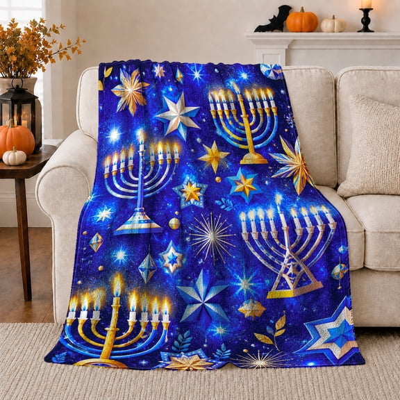 Festive Starry Sky Hanukkah Design Menorah Star Of, Festive Holiday Scene, Warm Flannel Blanket for Living Room and Reading Nook, Art Lovers Friendship Gift, Festive Home Decor
