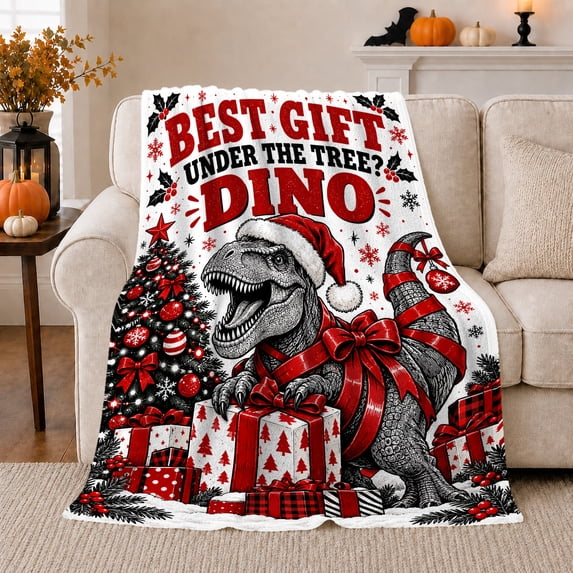 Festive T-Rex Christmas Scene Graphic, Festive Holiday Scene, Warm Flannel Blanket for Living Room and Family Room, Art Lovers Christmas Gift, Festive Home Decor
