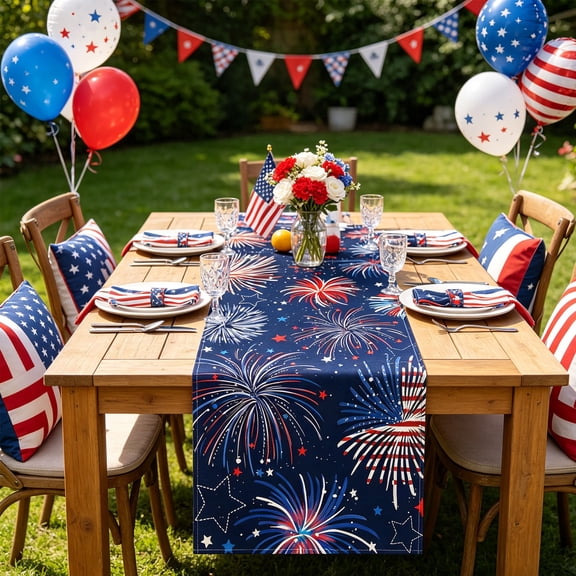 Festive Table Runner Set with Patriotic Stars and Fireworks Design USA Flag Theme Polyester Fabric for Independence Day Dining Decor Easy to Clean for Repeated Holiday Use