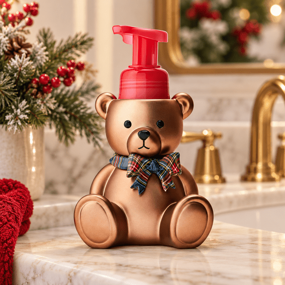 Festive Teddy Bear Foaming Hand Soap Dispenser, Holiday Resin Pump Bottle for Bathroom and Kitchen Sink Decor