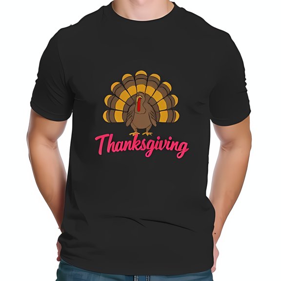Festive Thanksgiving Cotton Short Sleeve T-Shirt with Cartoon Turkey & Pink Script Design