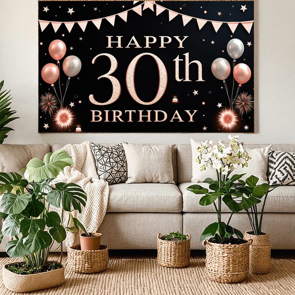 Festive Theme Happy 30th Birthday Banner Decorative Design Event Banner Party Decor for Birthday Party Indoor Celebration Photo Shoot
