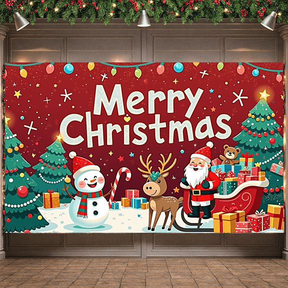 Festive Theme Merry Christmas Decorative Banner Santa Claus Snowman Reindeer for Holiday Party Winter Celebration Home Decor