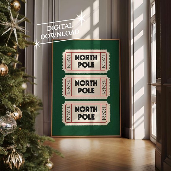 Festive Ticket Graphic Wall Art Retro North Pole Holiday Decor, Unframed Canvas