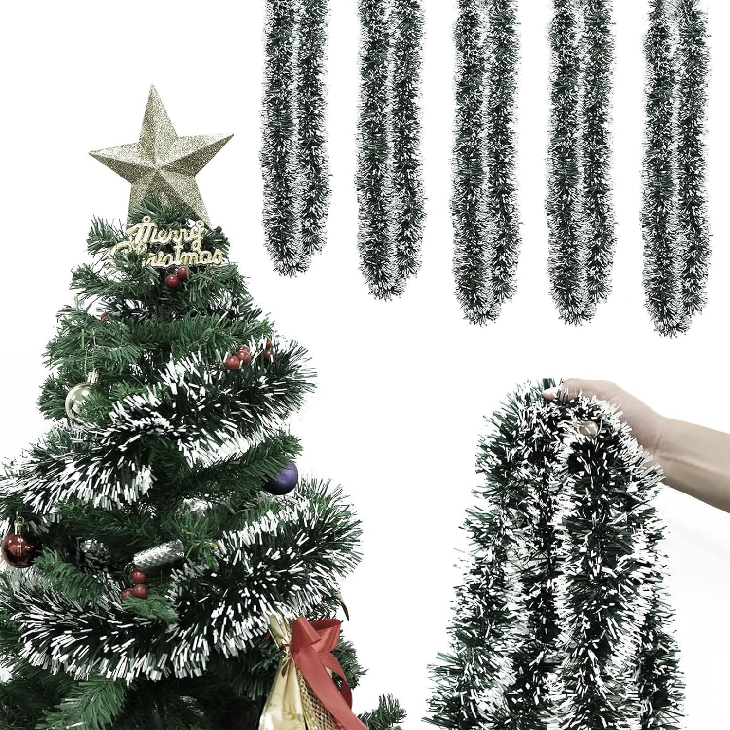 Festive Tinsel Garland 33Ft for Indoor & Outdoor Decor Dark GreenWhite