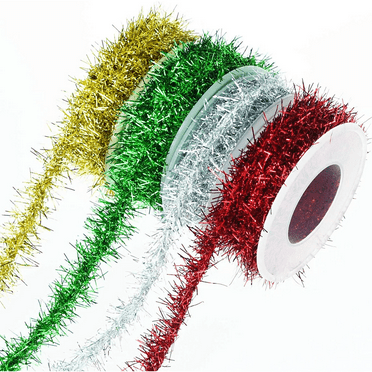 Festive Tinsel Garland Set 4 Colors: Red, Green, Gold, Silver 100 Feet Total for Holiday & Party Decoration