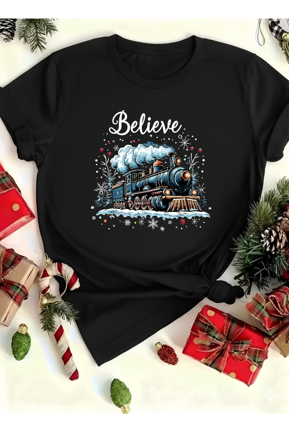 Festive Train Cheer Believe Holiday Movie Quote Unisex T-Shirt V14290 up to size 5XL