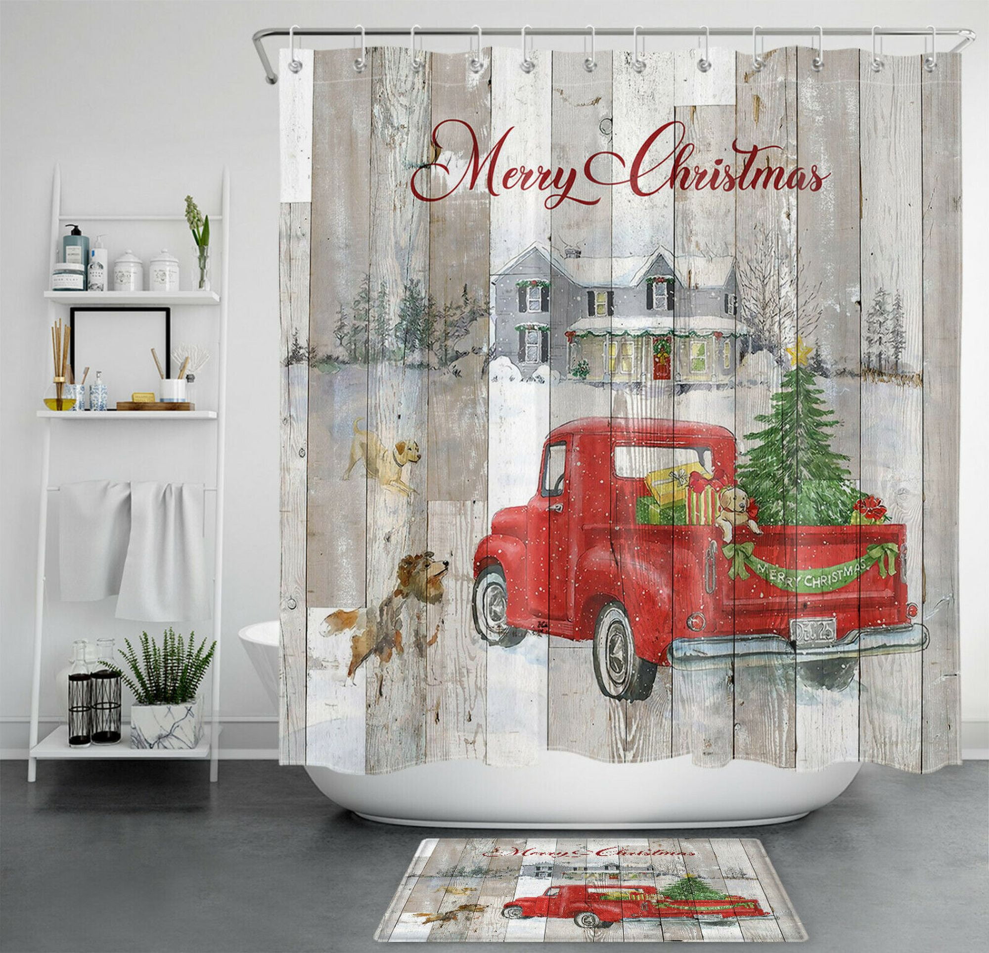 Festive Tree Gifts Rustic Christmas Truck Shower Curtain Holiday