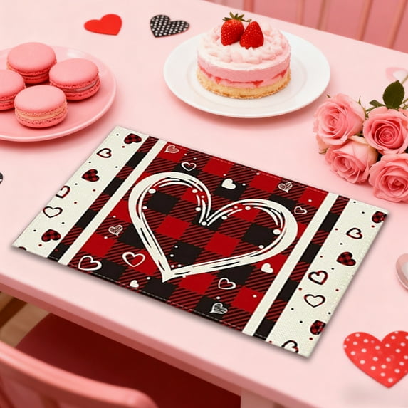 Festive Valentine's Day Dining Placemats - Colorful Heart Pattern Table Decor - Soft Polyester Fabric Mats for Romantic Dinner Settings