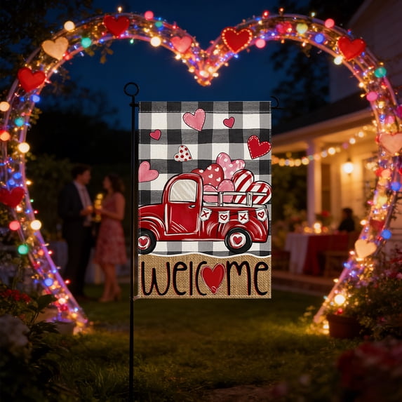 Festive Valentine's Day Garden Flag Double Sided Outdoor Decoration Durable Polyester Yard Banner for Porch Patio Fence Seasonal Home Decor Welcome Sign