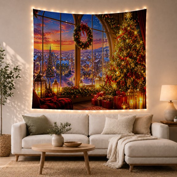Festive Viewed Through with Arched Paned Window Framed, Mystical Fantasy for Space Lovers, Galaxy Room Decor, Christmas Gift, Tapestry Wall Hanging for Bedroom and Dorm