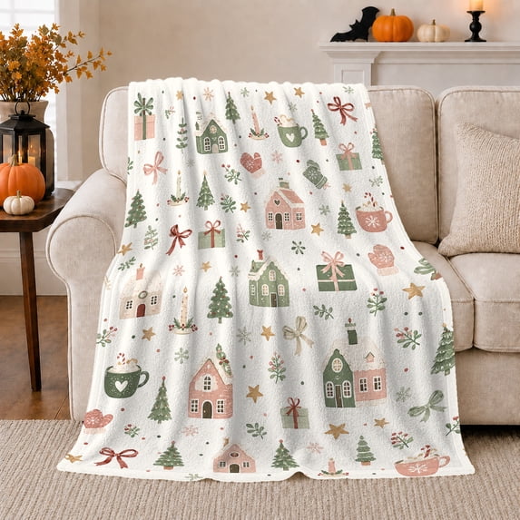Festive Village Winter Holiday Illustration Pattern Christmas Scene, Festive Holiday Scene, Warm Flannel Blanket for Living Room and Reading Nook, Art Lovers Christmas Gift, Festive Home Decor