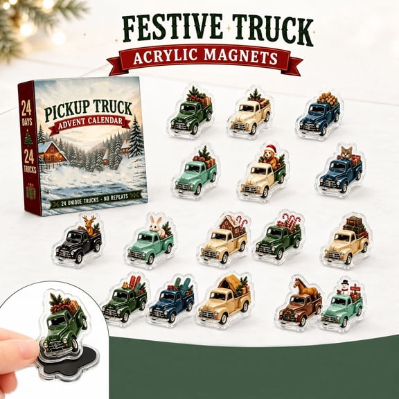 Festive Vintage Pickup Truck Advent Calendar, Acrylic Fridge Magnet Set, 24 Unique Christmas Themed Decorative Magnets for Home Kitchen Holiday Display