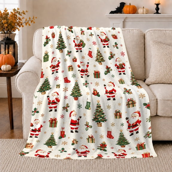 Festive Vintage Santa Christmas Pattern Holly Boxes Whimsical, Festive Holiday Scene, Warm Flannel Blanket for Living Room and Family Room, Art Lovers Christmas Gift, Festive Home Decor